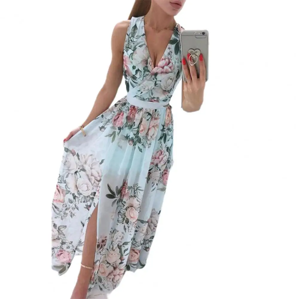 

Женское платье без рукавов, с глубоким V-образным вырезом и цветочным принтом
