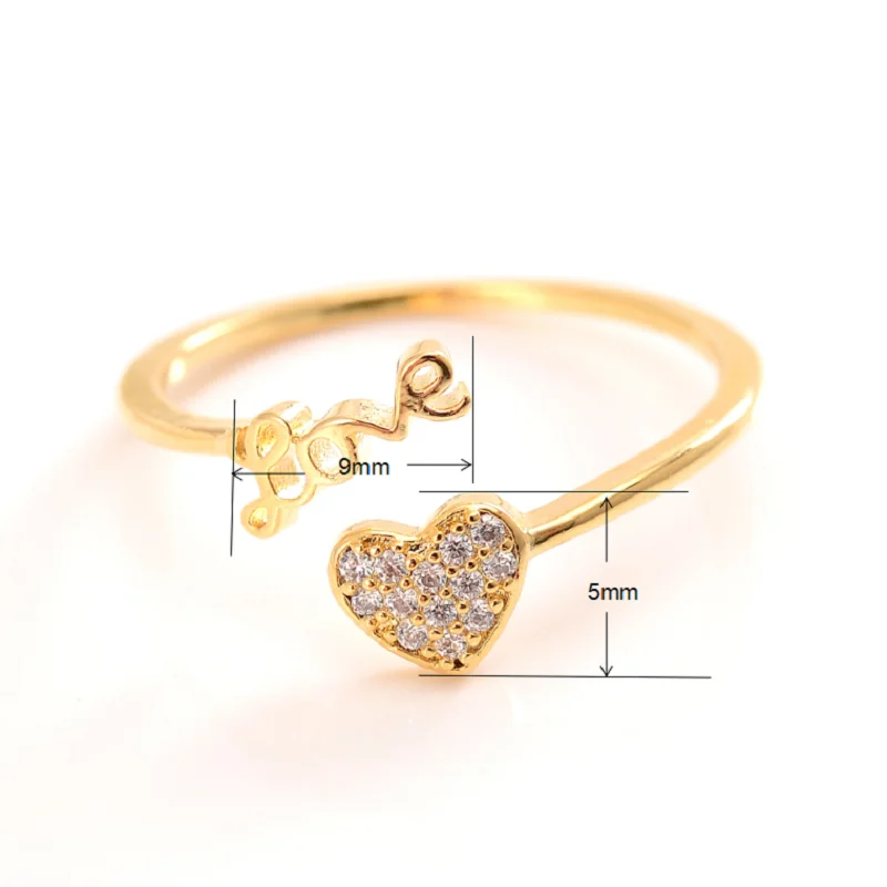 

Bangrui 2021 New Woman Lovely Cubic Zirconia Gold Ring Adjustable Size Opening-Ring Cute Heart-Shaped Jewelry