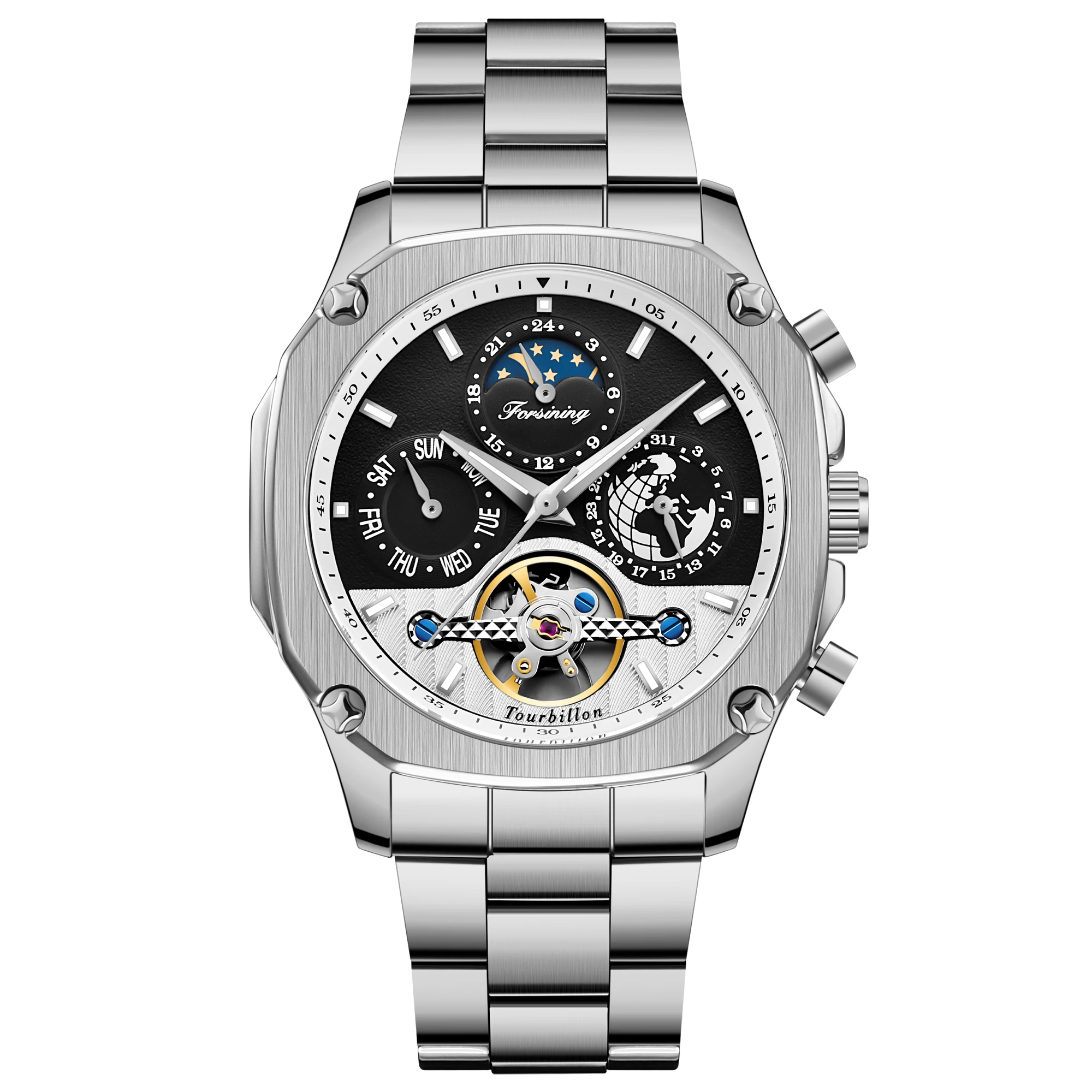 FORINING мужские часы автоматические механические часы Moon phase Tourbillon часы для мужчин s Скелет Мужские часы Relogio Masculino подарки - Цвет: Silver