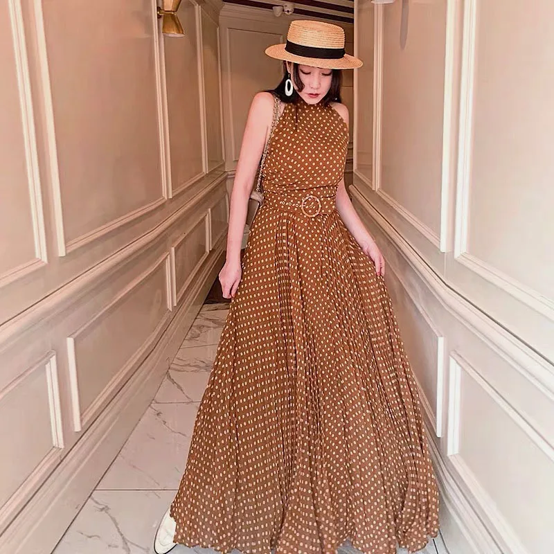 Pinkoz polka dot sleeveless maxi dress women party dinner halter pleated runway luxury chiffon brown with belt vintage | Женская одежда