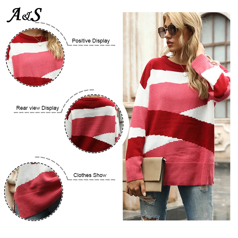 

Anbenser Women's Sweaters Fashion Autumn Winter Casual Loose Knitwear Ladies Long Sleeve Stripe O-neck Knitted Sweater Tops XL