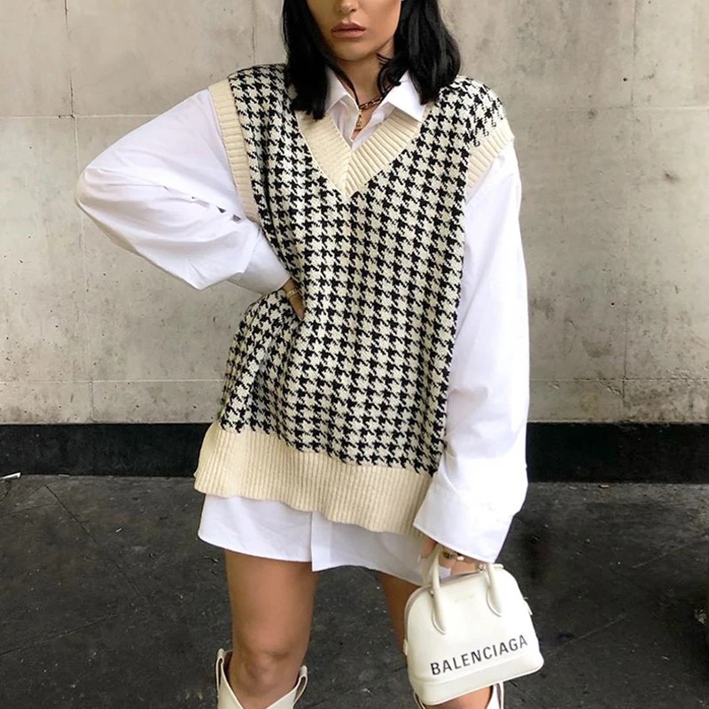 

2020 Women Houndstooth Vest Sweater Casual V Neck Sleeveless Autumn Winter Jumper Knitted Korean Style Pullover Loose Tops