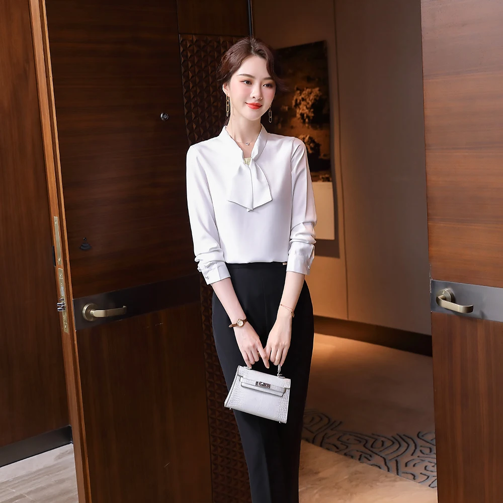 

2020 New Autumn Elegant Solid White OL Female Blouse Long Sleeve Office Lady Shirt Formal Tops Plus Size Clothing For Women