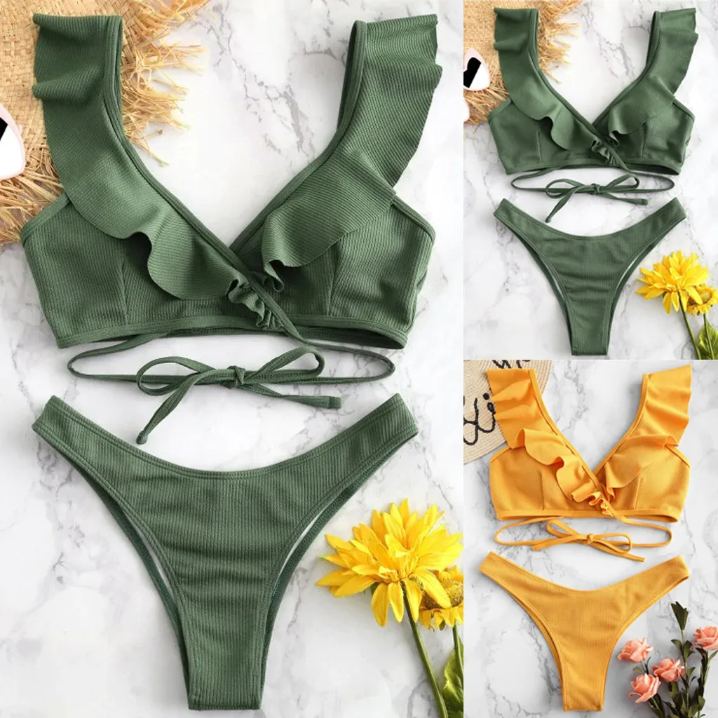 

Women Sexy Bikini Set Solid Bandage Ruffled Padded Swimwear High Waist Bathing Swimsuit Beachwear #Q3