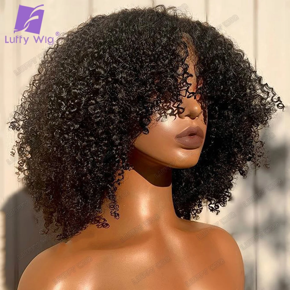 Realistic Scalp Top Human Hair Wigs With Bangs Full Machine Made Brazilian Kinky Curly Wig 200 Density Remy Hair LUFFY