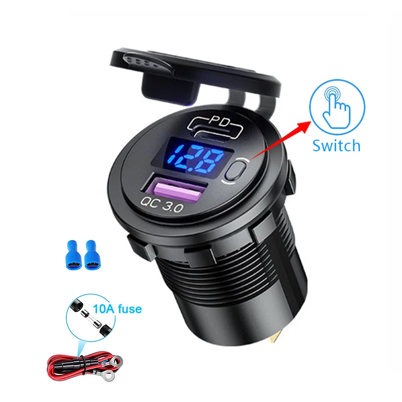 

Автомобильное зарядное устройство USB Type-C 48 Вт, 12 В/24 В, двойная розетка USB PD3.0 и QC3.0 светодиодный переключатель вольтметра для квадроцикла, лод...