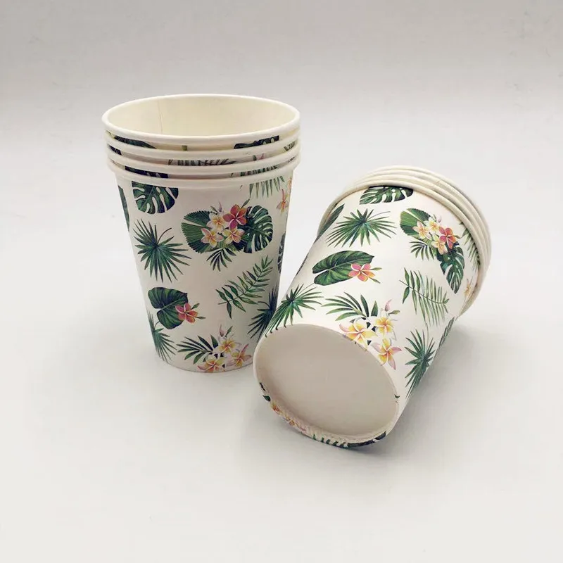 

8pc Hawaii Green Leaf Pink Flamingo Disposable Paper Cups