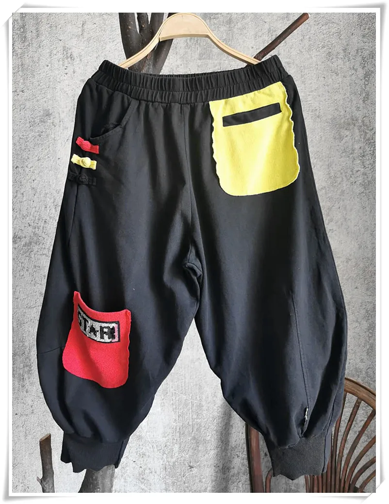 

QING MO Women High Elastic Waist Harem Pants 2021 Spring Women Patchwork Pants Female Wave Bottom Pants Black Cross Pant ZQY6526