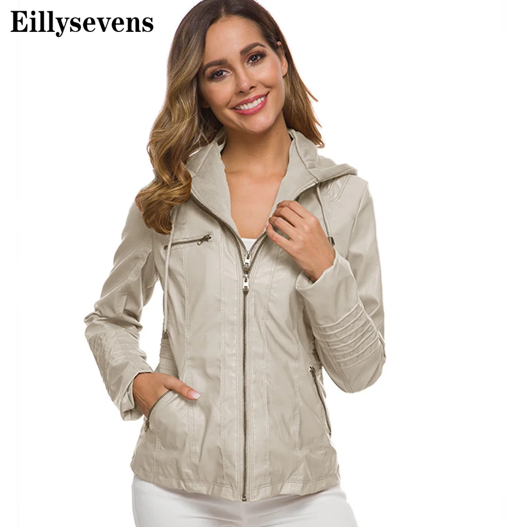 

Fashion Women Solid Colors Faux Leather Long Sleeve Slim Hooded Jacket Overcoat Coat Removable Zipper Outwear Windbreaker#g3