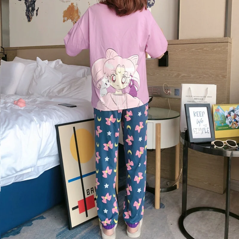 

Cartoon Sailor Moon Print Pajama Set For Women Loose Plus Size Sleepwear Female Short Sleeves Summer Homewear Cotton Pyjamas