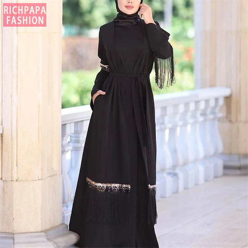 Дубай Abaya кимоно искусственное мусульманское платье Женский кафтан пальто с