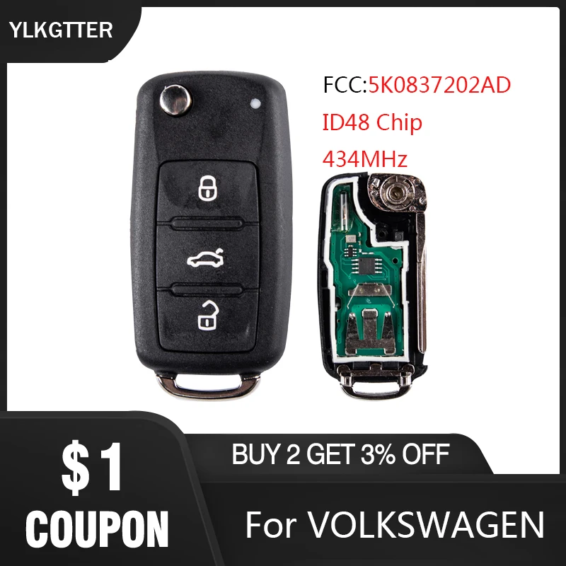 

YLKGTTER Remote Key Fit for VW/Volkswagen Caddy Eos Golf 4 Beetle Polo Up Tiguan Touran with ID48 Chip 5K0837202AD 434MHz