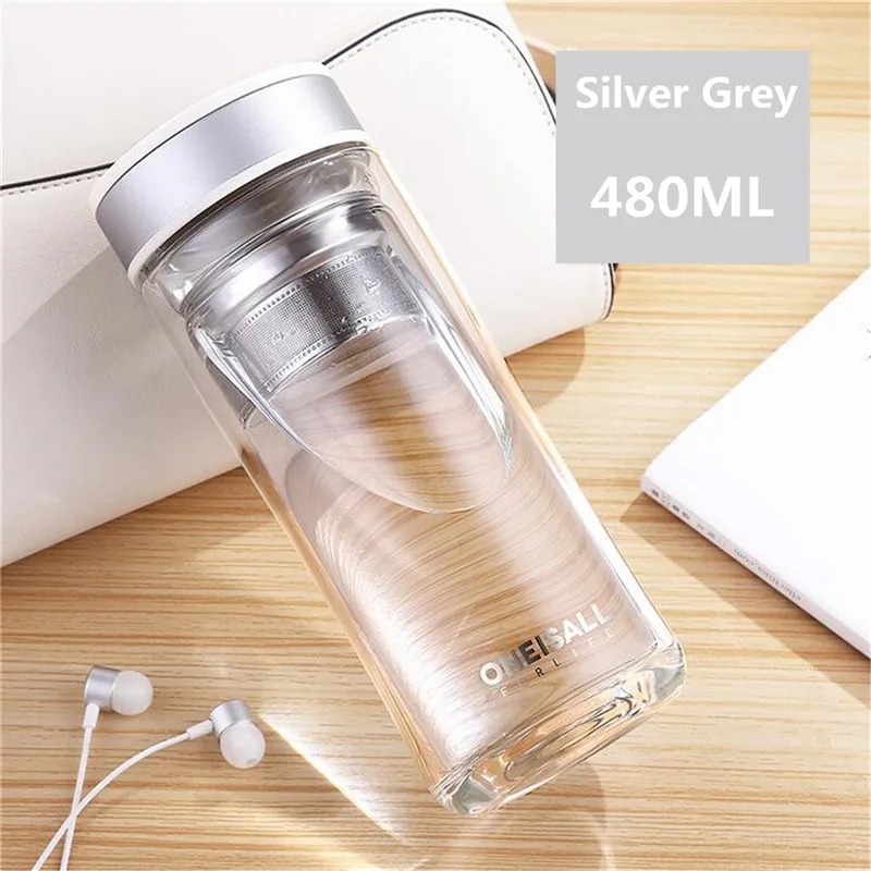 Silver 480 мл стеклянная бутылка для воды с двойными стенками, портативная кружка для путешествий, прозрачная чашка для воды с заваркой чая, большая посуда для напитков - Цвет: Silver