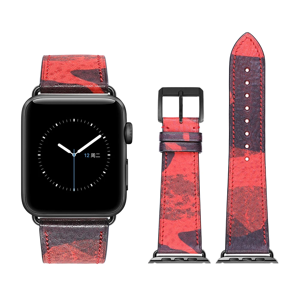 RED-Black buckle Ремешок для Apple Watch 38 мм 42 мм ремешок для Apple Watch 40 мм 44 мм камуфляжная серия 4/3 Серия 2 серия 1 кожаный браслет iWatch - Цвет ремешка: RED-Black buckle