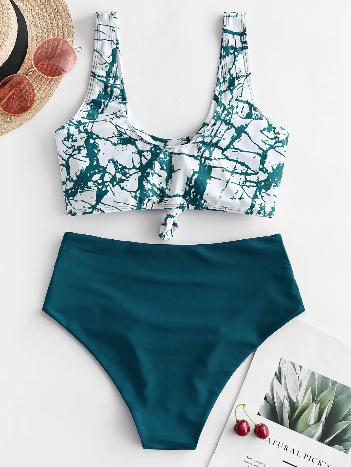 Сплошной купальник-танкини с высокой талией и мраморным принтом | Женская одежда