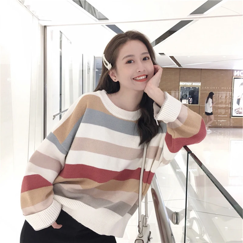 Winter Striped Knitted Women Sweaters And Long Sleeve O-neck Casual Pullovers Sueter Mujer Tops Korean Kawaii Jumper | Женская одежда