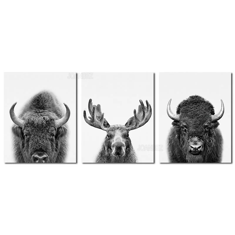 

Animal Canvas Painting Wall Art Modern Style Realistic Shot Yak with Moose Grayish White Series Background Poster Decoration