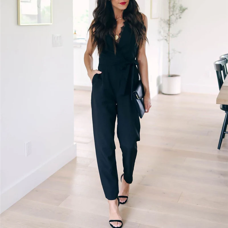 

2021 Fashion Sexy Women's V-neck Jumpsuit Pocket Lace-up Femme Rompers Ladies Summer Fashion Streetwear Casual Jumpsuits Female