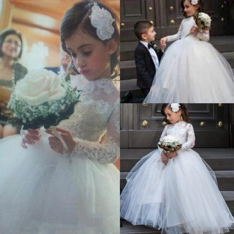 

Детское кружевное платье принцессы, белое платье с длинным рукавом и высоким вырезом для девочек на свадьбу, причастие, 2021
