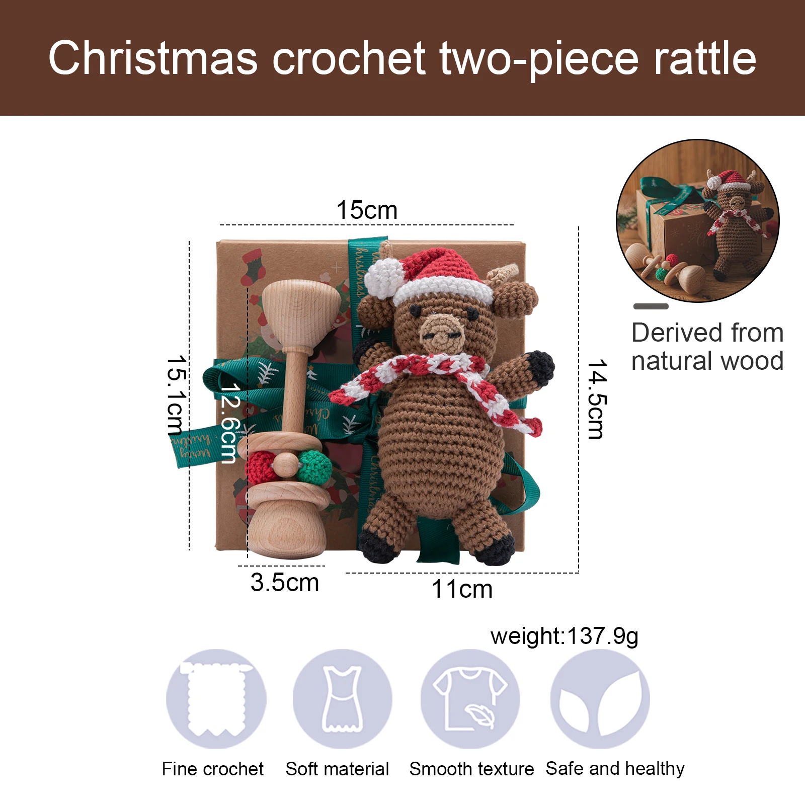 Juego de regalo de Navidad para ni&ntilde;os, mu&ntilde;eco de ganchillo, dulce, de jengibre, sonajero de mano de madera, producto para el cuidado de la dentici&oacute;n infantil, 1 Juego-4