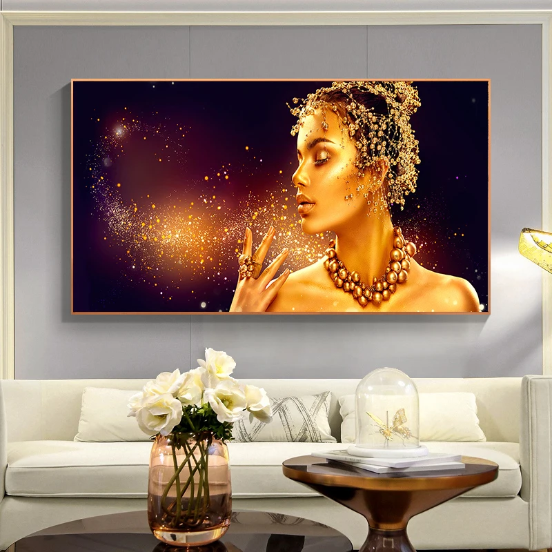

Golden Women Canvas Poster Wall Art Picture For Living Room With Golden Liquid Home Decor Posters HD Prints Paintings No Frame