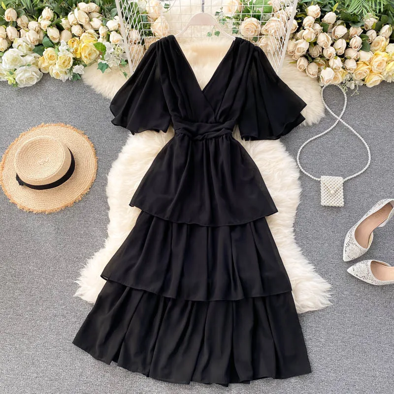 

Chiffon Dress Sexy Deep V Neck Slim Backless Mid-calf Dress Women Boho Beach Ruffle Layers Cake Dress Flare Sleeve Party Vestido