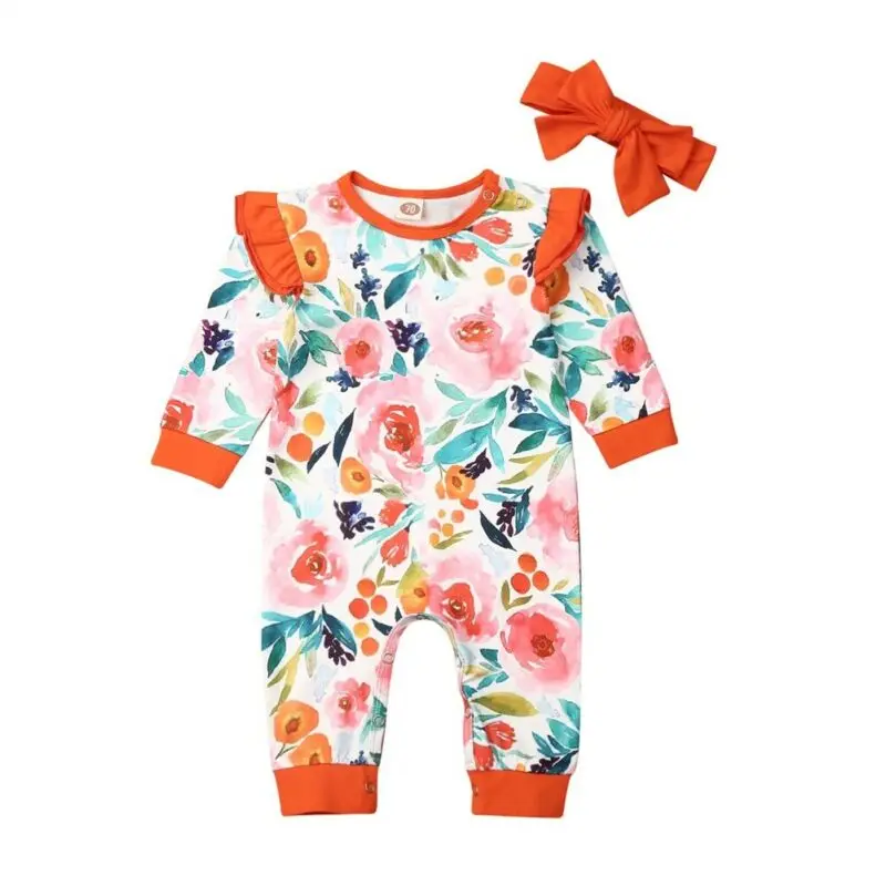 

Goocheer Newborn Baby Girls Floral Clothes Long Sleeve Romper Jumpsuits Headband Outfits Set Long sleeve Ruffles Lovely 0-18M