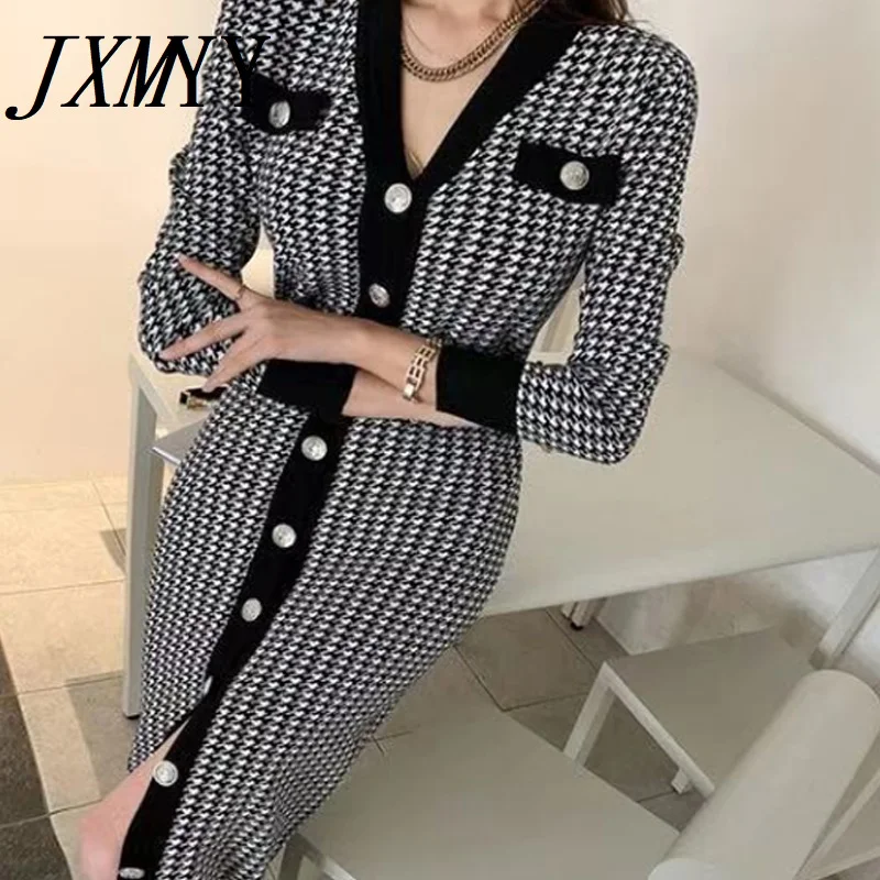 Женское трикотажное платье в клетку облегающее платье-свитер стиле ретро с