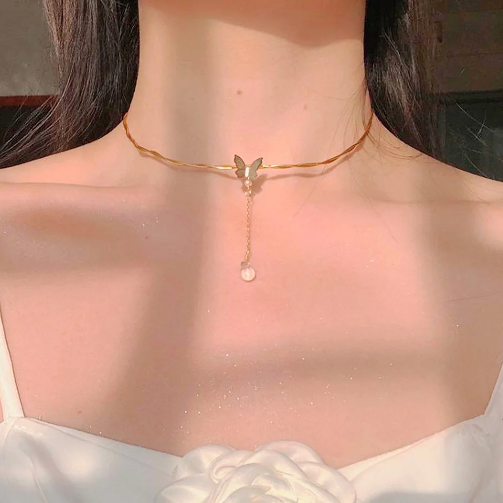 

Wire Metal Loop Fairy Butterfly Choker Necklace Pendant Charm Clavicle Gold Color Butterfly Chokers for Women Girl Gift