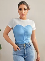 women casual blue and white summer regular round neck colorblock ruched front tee