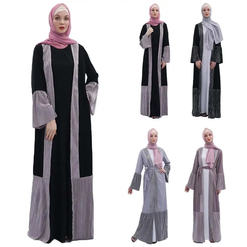 

Muslim Abaya Dubai Dress Open Front Cardigan Islamic Vintage Kaftan Arab Robes Patchwork Arab Kimono With Belt Robe Gown Fashion