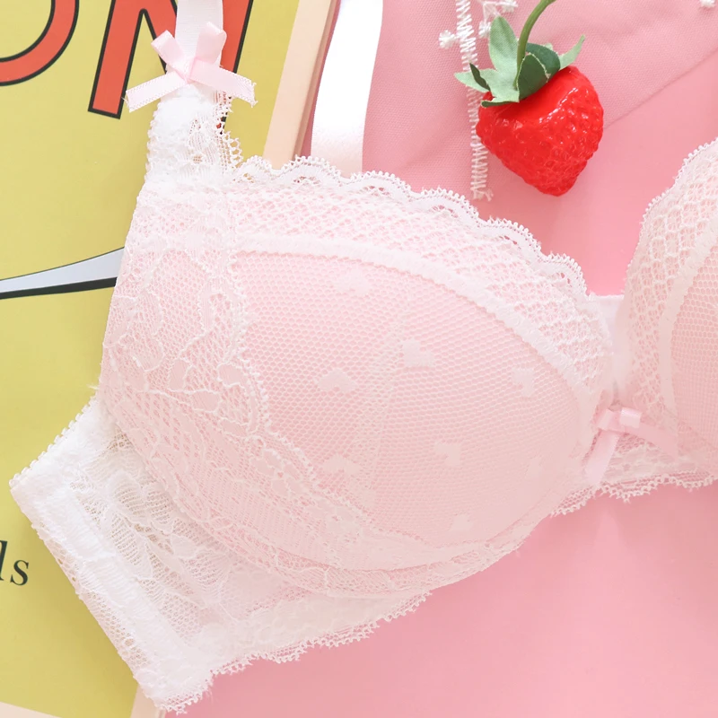 Pink Peach Love Japanese Soft Sister Sweet Lovely Push Up Underwear Set Sexy Young Girl Mesh Lace Bra & Brief Sets Daily Student