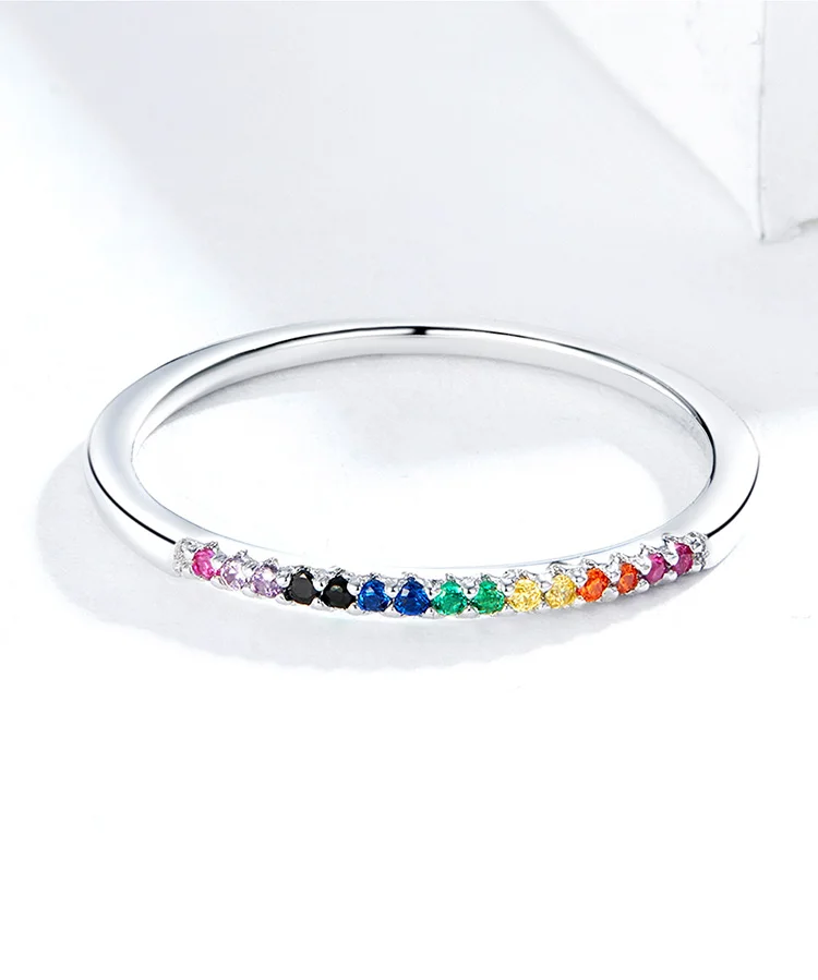 

bamoer 925 Sterling Silver Rainbow Color CZ Stackable Wedding Rings, Platinum Plated Elegant Finger Band Ring for Women