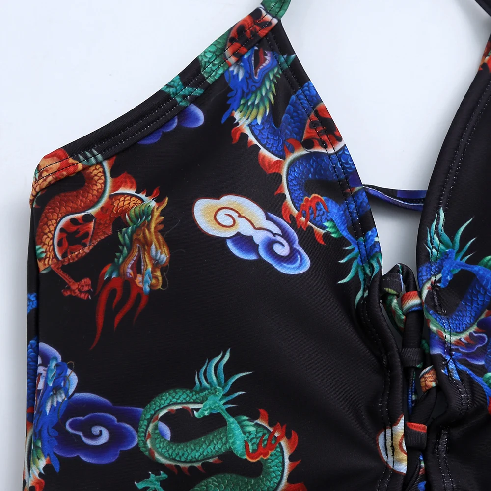 Vigorshely Dragon Print Strapped Swimwear Women Sexy High Waist Bikini Set 2022 Push Up Cross Tied Swimsuit Summer Bathing Suit |