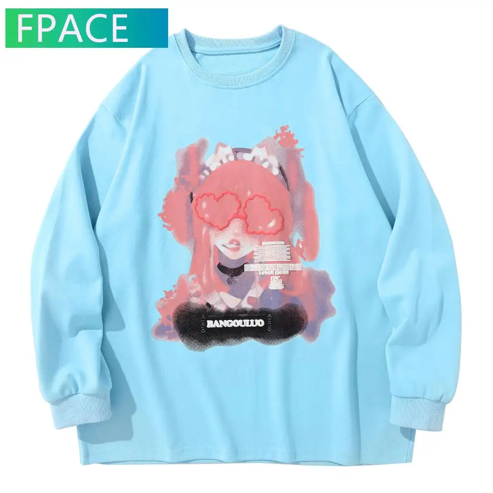 FPACE Tees Shirts Streetwear Hip Hop Japanese Graffiti Anime Cartoon Girl Tshirts Mens Harajuku Casual Loose Long Sleeve Tops