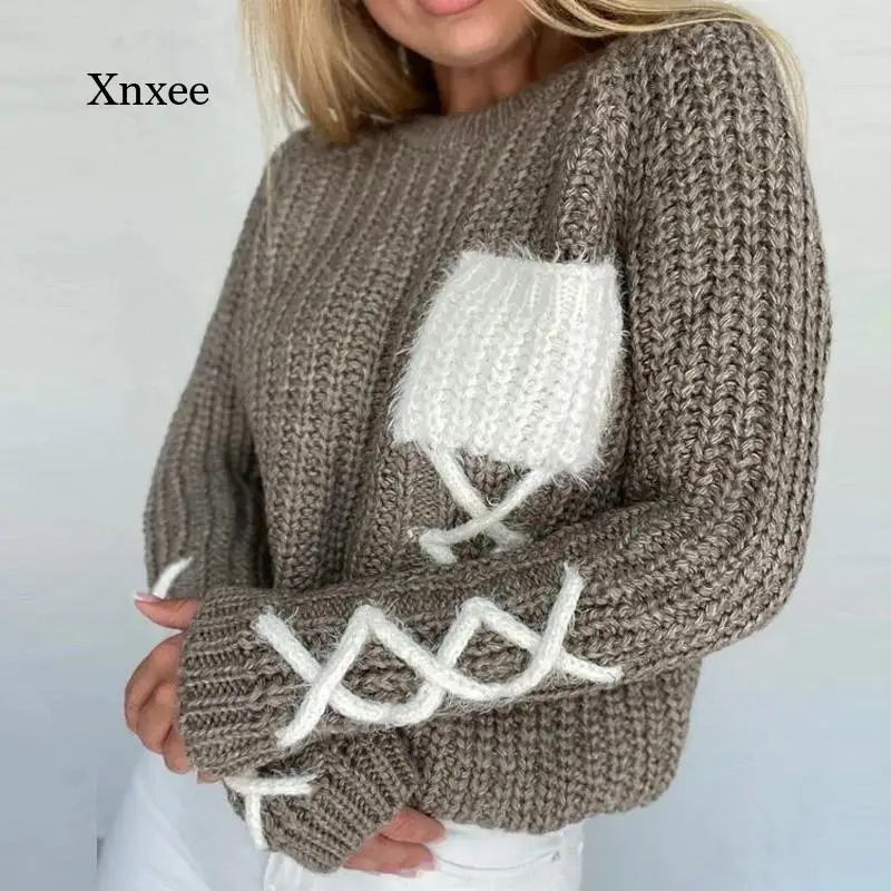 Женский однотонный вязаный свитер с карманами элегантный уличный мягкий теплый