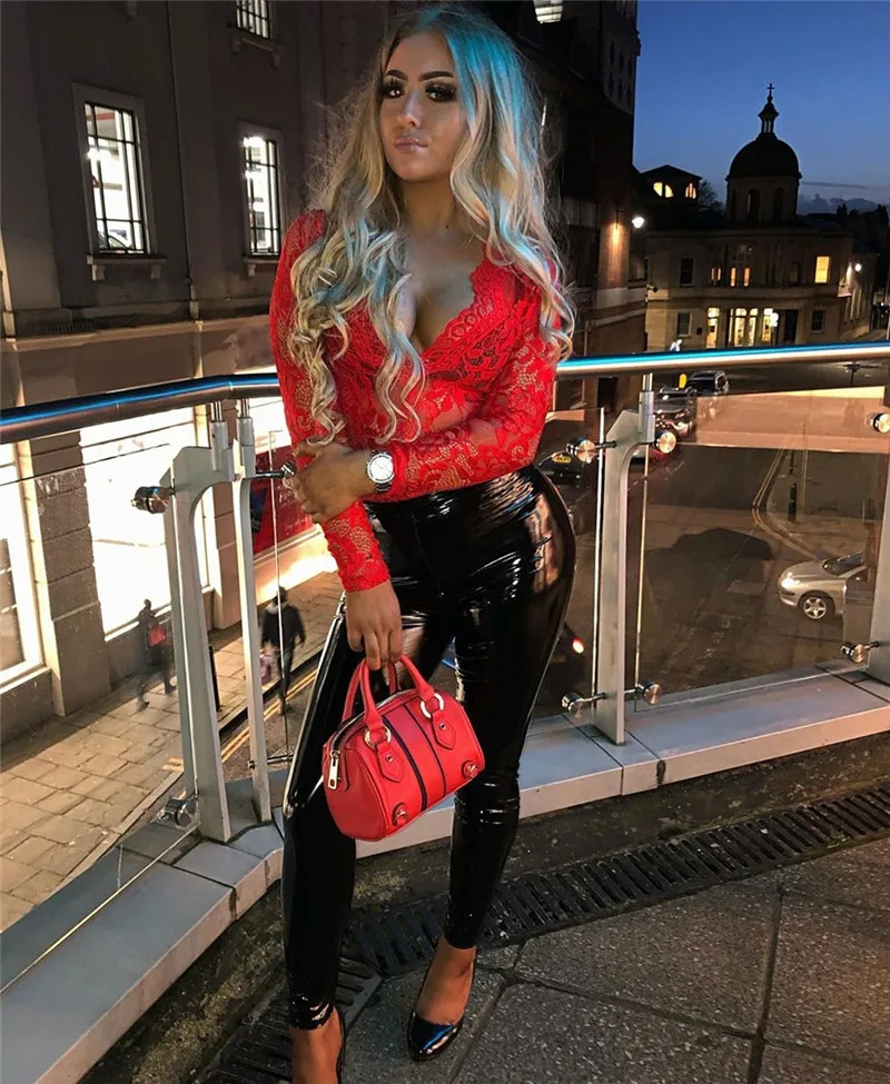 

Sexy Women's Lace Bodycon Jumpsuit Long Sleeve See Through Mesh V-neck 1 Pcs Jumpsuit Rompers Clubwear Women Party Lace Bodysuit