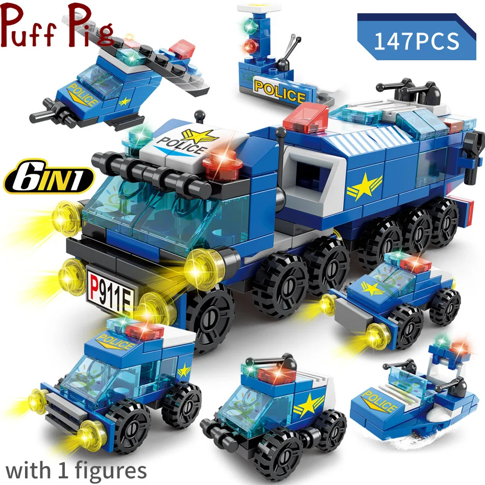 

147pcs 6in1 City Police Children Building Blocks Children's Educational Toys Gifts for Kids DIY Figures Bricks