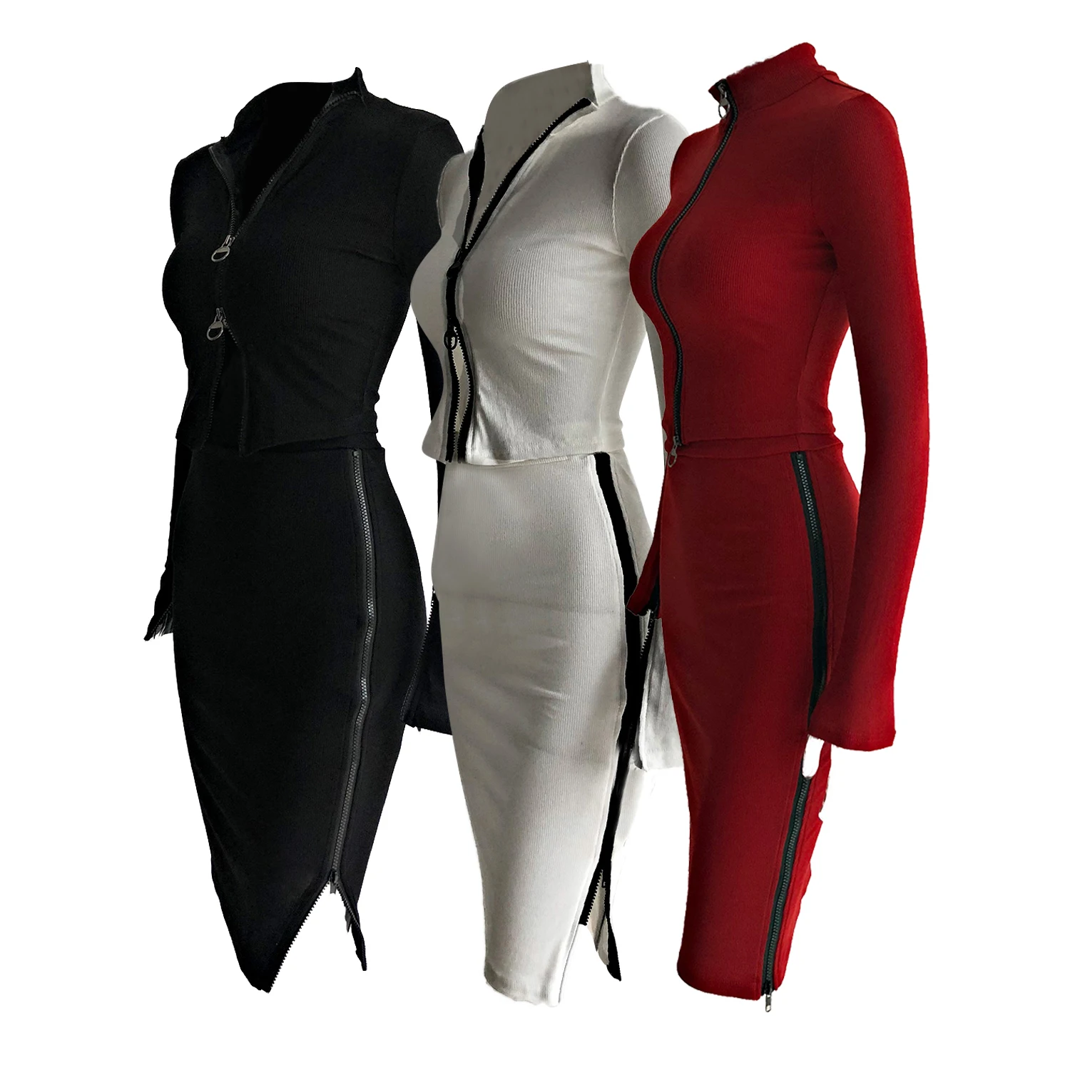 

XLLAIS Ribbed Sexy Party Zippers Sweatsuits Sets Women Long Sleeve Tight Bodycon Coats High Waist Pencil Skirt Two Piece Outfit