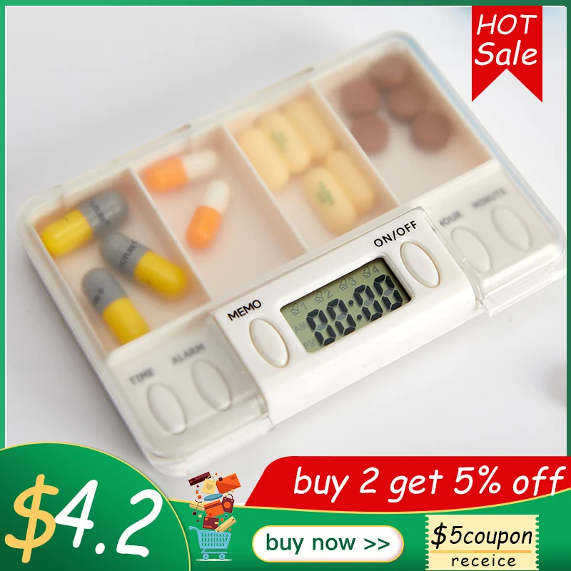 

4 Grid Convenient Pill Box Smart Reminder Hermetic Medicine Dispenser Timer Alarm Clock Pills Organizer Pills Drug Container