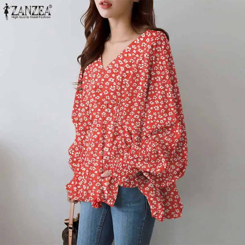 

2022 ZANZEA Stylish Women's Floral Blouses Spring Female Casual V neck Puff Sleeve Tops Printed Blusas Chemise Oversized Tunic