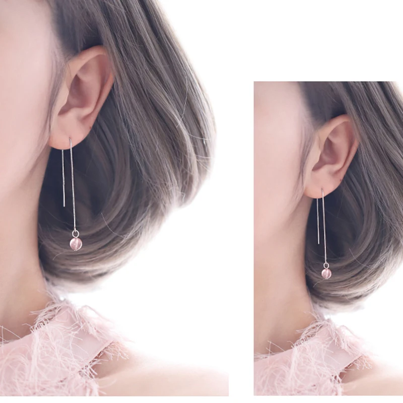 Серьги ручной работы с натуральным клубничным кристаллом серебряного цвета