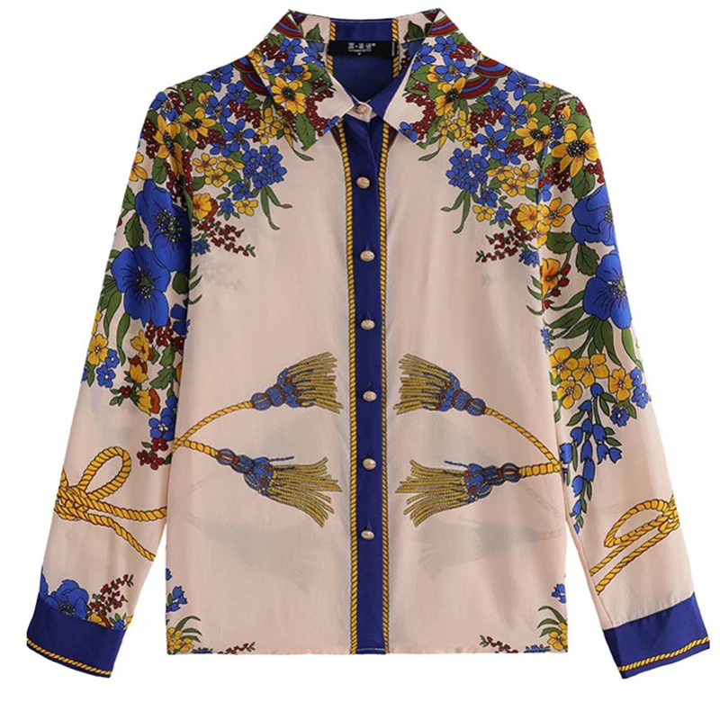 

Women's Spring Autumn Shirt Korean Retro Printing Lapel Casual Blouse New Slim and Thin Long Sleeve Female Blouse Tops LL777