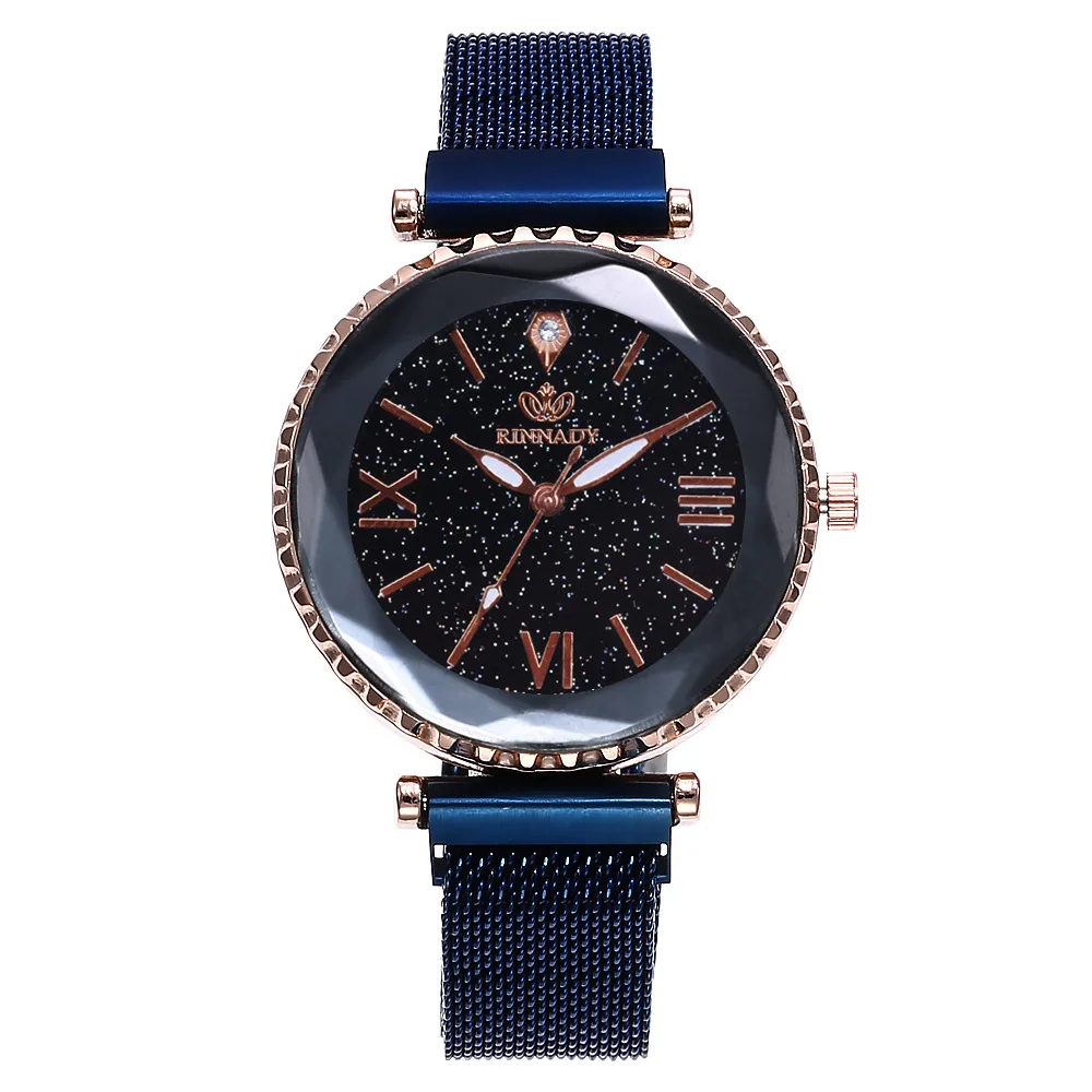 rinnady060blue Женские часы из нержавеющей стали с сетчатым ремешком, наручные часы в римском стиле, модные кварцевые часы с магнитной пряжкой, роскошные часы Relojes Mujer - Цвет: rinnady060blue