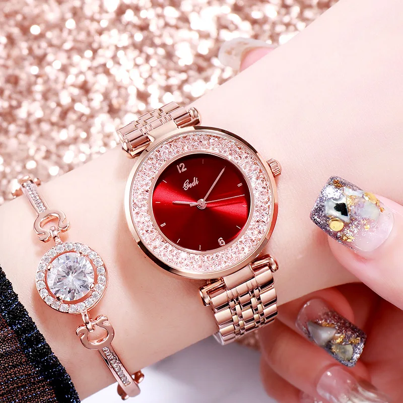 Gadi-relojes de lujo de acero inoxidable para mujer, pulsera de cristal de oro rosa, resistente al agua, color rojo, 12032