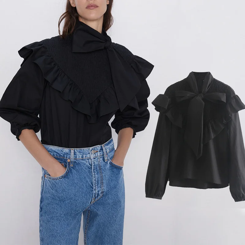 Za 2019 Женская шикарная эластичная черная блузка с бантом и рюшами на молнии сзади