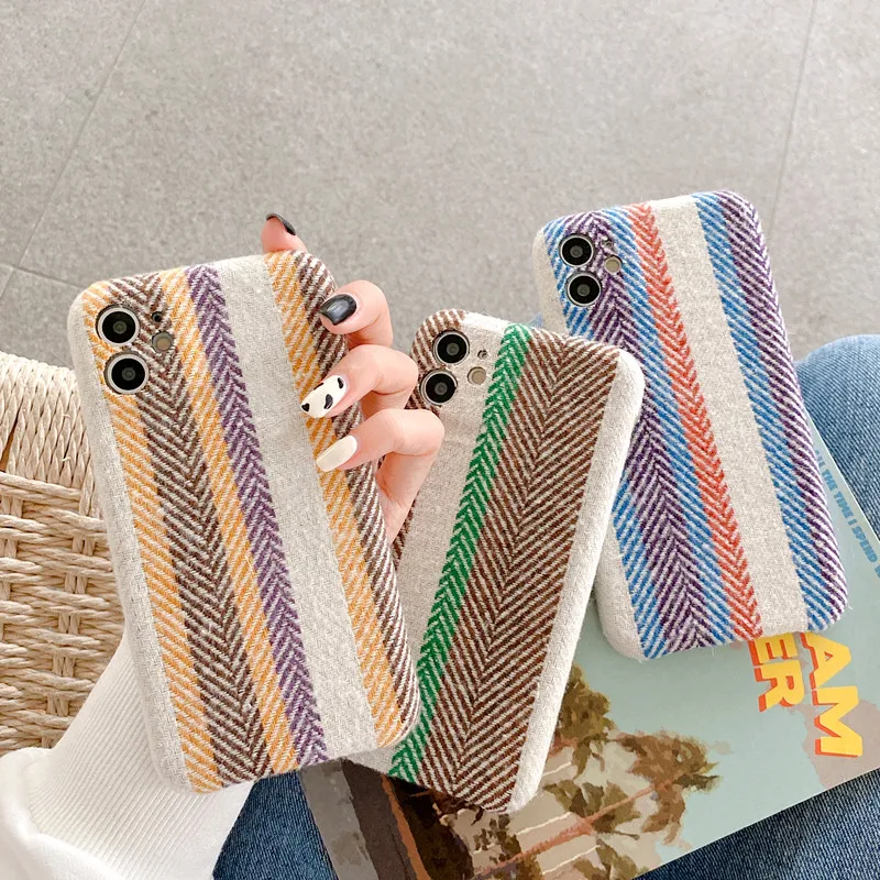 Luxury Linen cotton fabric Phone Case For iphone 11 Pro Max SE 2020 7 8 plus Retro stripes Soft Back Cover XS X XR | Мобильные