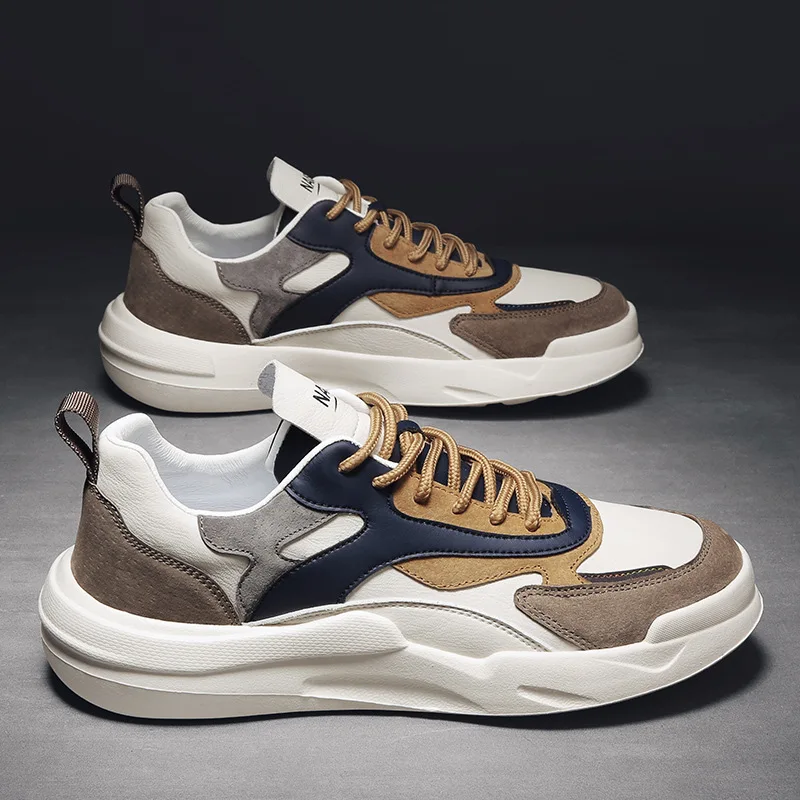 Online Sepatu Kasual Kulit Pria High End Baru Semua Musim Patchwork Bertali Sepatu Flat Santai Sneakers Fashion Pria 2021