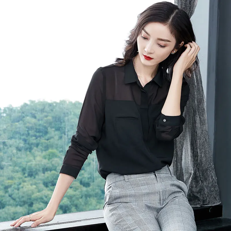 

Ladies Chiffon Ladies Top 2020 Spring New Black Long Sleeve Loose Shirt Women