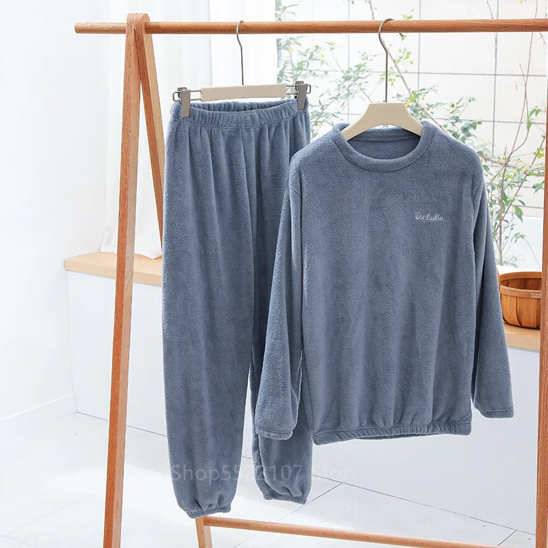 

Women Loose Pajamas Set Winter Thick Warm Coral Fleece Pajamas Homewear Female Solid Color Sleepwear Plush Casual Nightwear